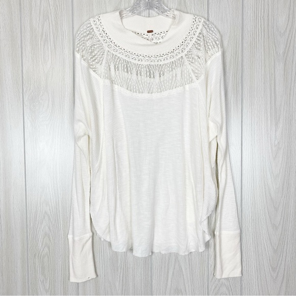 Free People | Spring Valley White Waffle Knit Lace Neck Long Sleeve Top Size XS - Picture 1 of 12